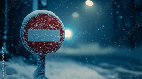 A no entry warning sign completely encased in snow, sitting near the edge of a frozen parking lot under dim winter light. photo