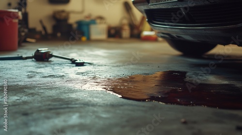 Oil leaking from a car engine. Featuring oil stains on a garage floor