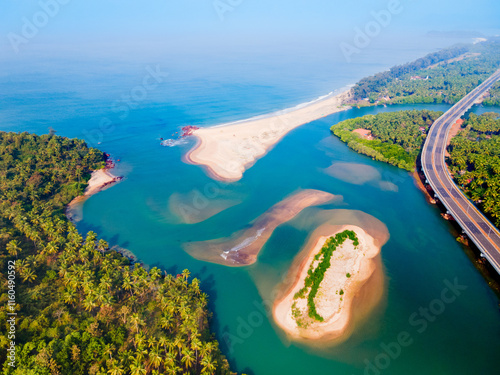 Galgibaga Beach aerial panoramic view in Goa, India photo