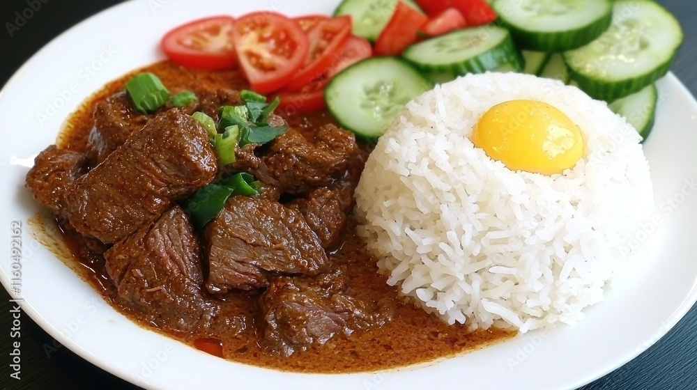 A plate of beef stew with rice, egg, and fresh vegetables. A plate of beef stew with rice, egg, and fresh vegetables.