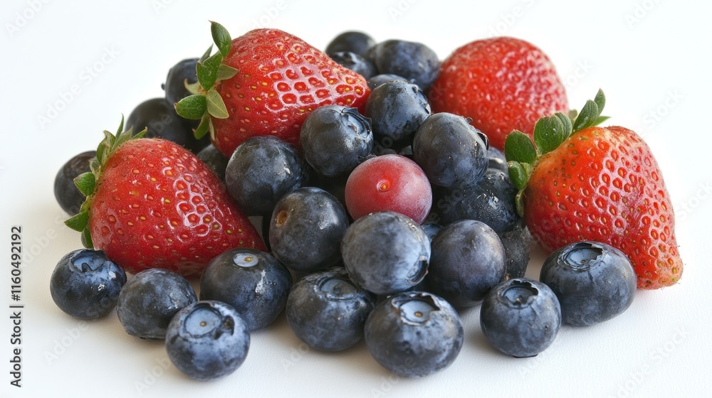 A vivid close-up of assorted berries, including fresh blueberries and ripe strawberries, scattered on a minimalist white background. A vivid close-up of assorted berries, including fresh blueberries and ripe strawberries, scattered on a minimalist white background.