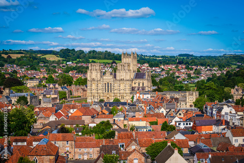 Wells, Somerset, England, UK: Aerial view of Wells old town and Wells Cathedral, the Cathedral Church of Saint Andrew photo