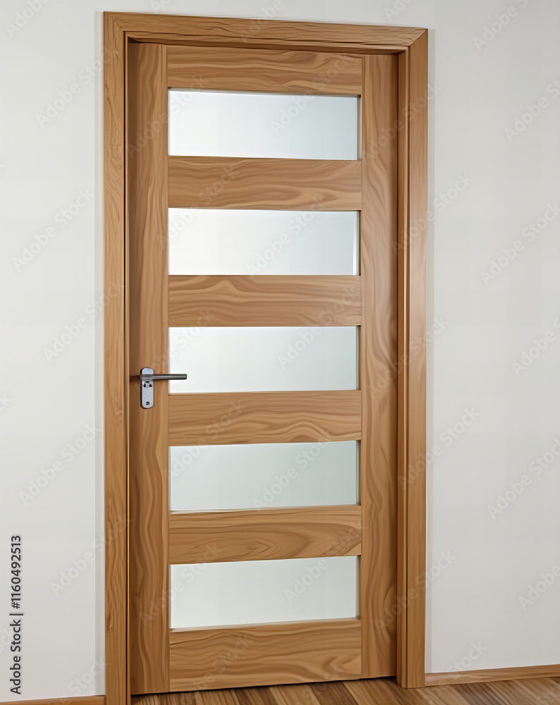 Contemporary wooden door featuring frosted glass panels, a silver handle, and set against a neutral wall with wooden flooring Contemporary wooden door featuring frosted glass panels, a silver handle, and set against a neutral wall with wooden flooring
