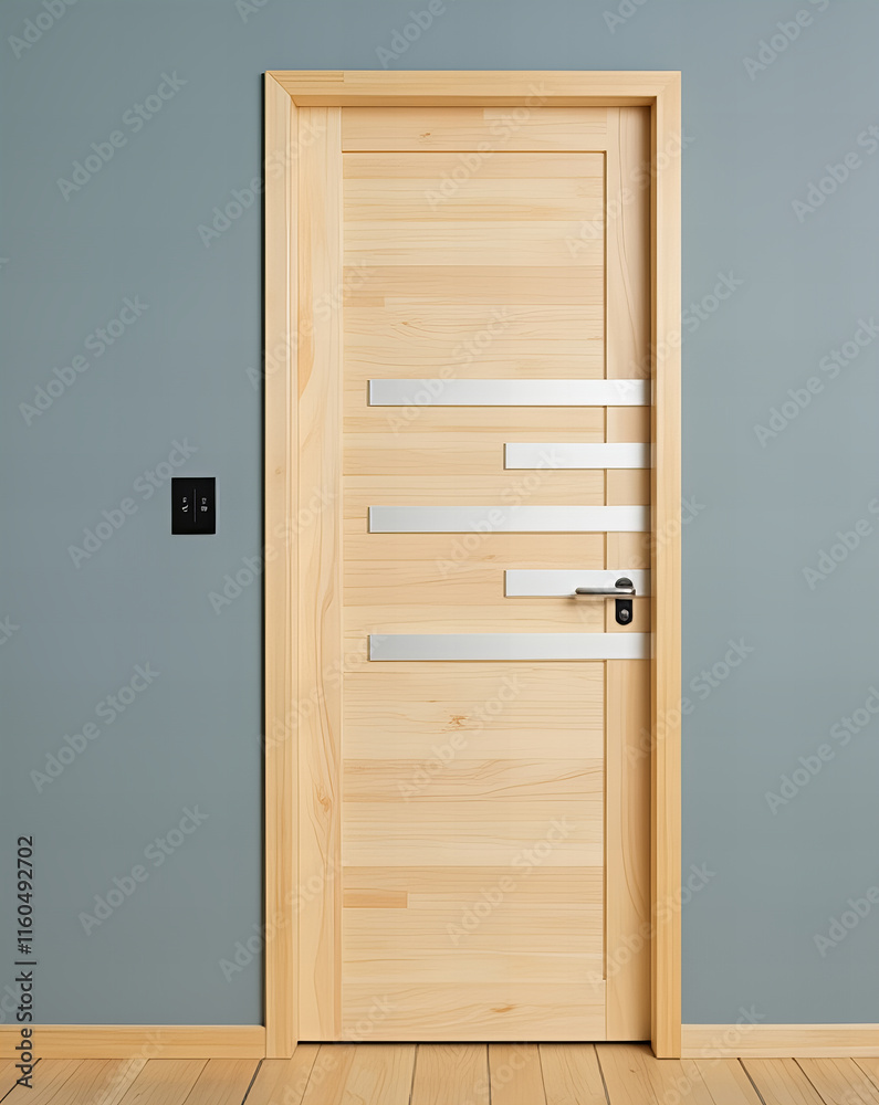 Modern Wooden Door with Glass Inlays Against Gray Wall Modern Wooden Door with Glass Inlays Against Gray Wall