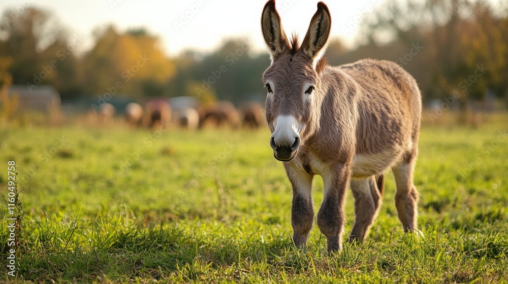 Donkey resting peacefully in a sunlit field during autumn evenings Donkey resting peacefully in a sunlit field during autumn evenings