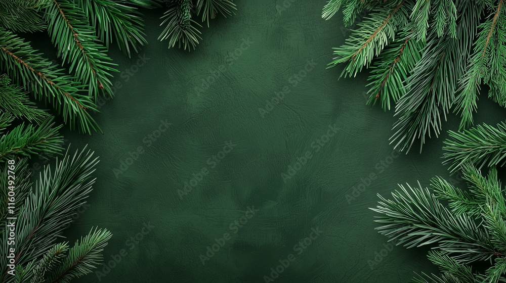 A dark green Christmas banner with a textured close-up of fluffy fir branches, intricately detailed with natural highlights and shadow play, creating a captivating holiday aestheti A dark green Christmas banner with a textured close-up of fluffy fir branches, intricately detailed with natural highlights and shadow play, creating a captivating holiday aestheti