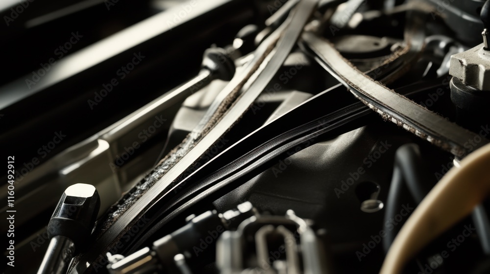 Fototapeta premium Scene of a mechanic examining a vehicle's belts and hoses. Featuring worn parts in view