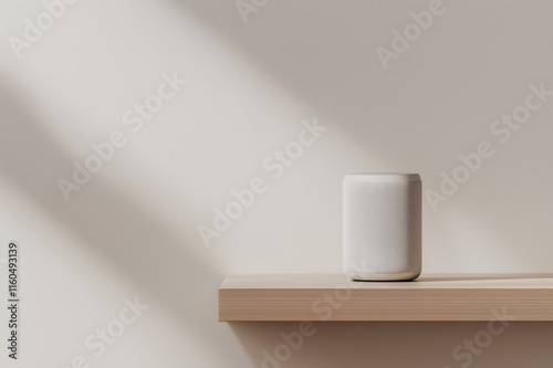Modern compact wireless speaker sitting on a wooden shelf in a minimalist interior