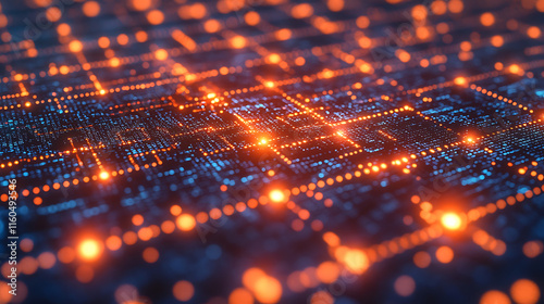 A close up image of a grid pattern. The background is dark and the lines and nodes of the grid are lit with an orange glow.

