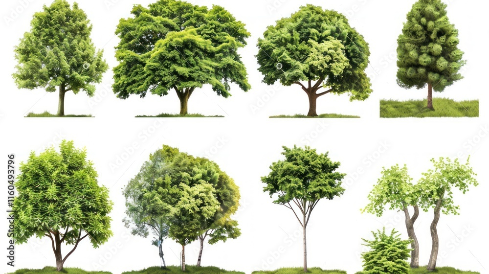 Fototapeta premium Eight lush green trees isolated on white.