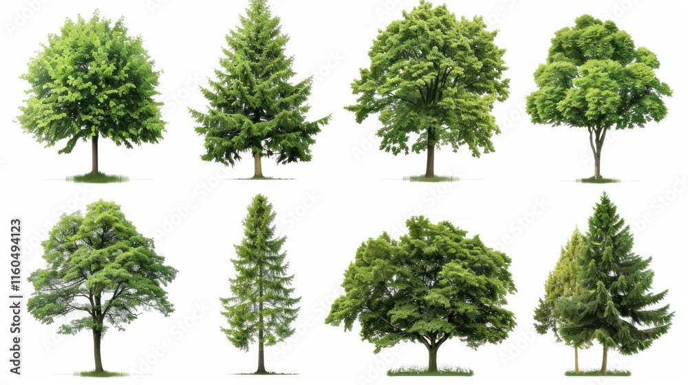 Fototapeta premium Eight lush, green trees isolated on white.