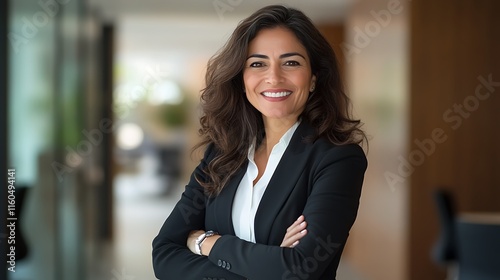 Free Download A poised and cheerful 45-year-old Latin corporate leader, standing with arms crossed, smiling confidently in an elegant and professional office setting. - GFXLoad