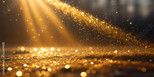 Sparkling dust particles. Gold sparkle splatter border Festive background with gold glitter and confetti for celebration. Background with glowing golden particles.