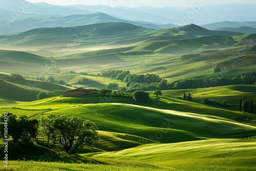 Stunning landscape photography featuring expansive farmland and rolling hills under a clear sky photo