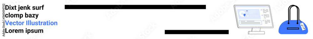 Text sections with placeholder text, computer monitor displaying a chart, and blue purse. Ideal for web design, e-commerce, digital marketing, financial reports, advertising, product features text Text sections with placeholder text, computer monitor displaying a chart, and blue purse. Ideal for web design, e-commerce, digital marketing, financial reports, advertising, product features text