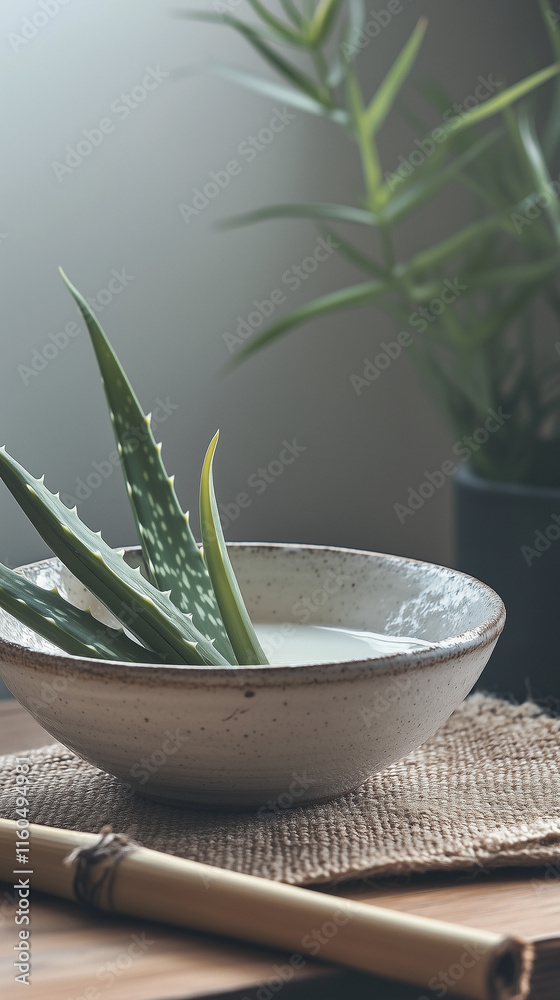 Artistic presentation, aloe vera gel in a ceramic bowl with bamboo accessories, zen-inspired composition, muted earth tones, serene and calming atmosphere Artistic presentation, aloe vera gel in a ceramic bowl with bamboo accessories, zen-inspired composition, muted earth tones, serene and calming atmosphere