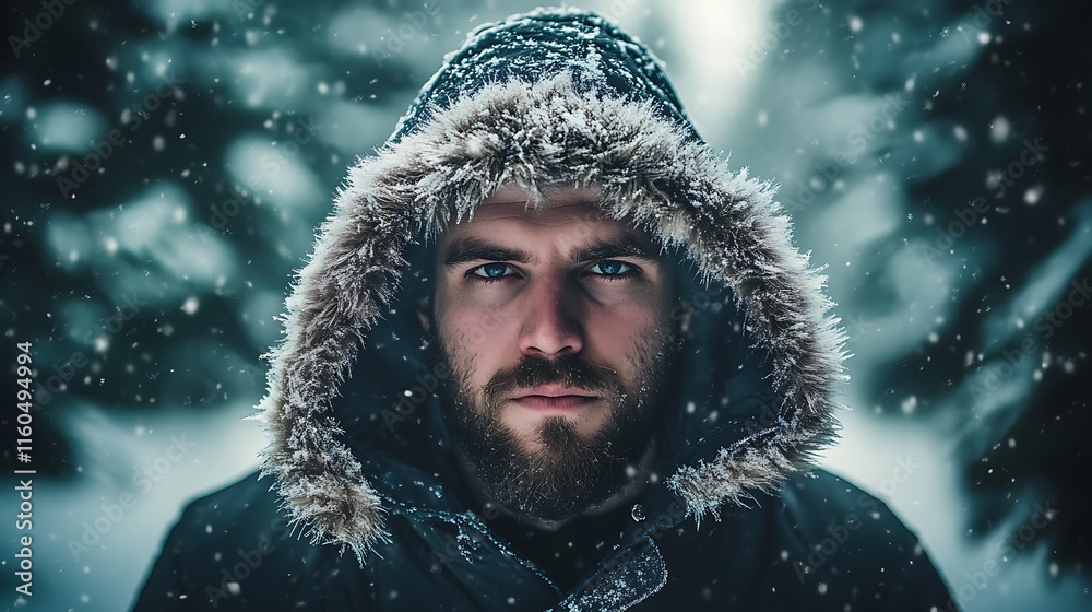 A portrait of a man in a fur-lined hooded jacket with frost on his beard, standing in a serene snowy forest. A portrait of a man in a fur-lined hooded jacket with frost on his beard, standing in a serene snowy forest.