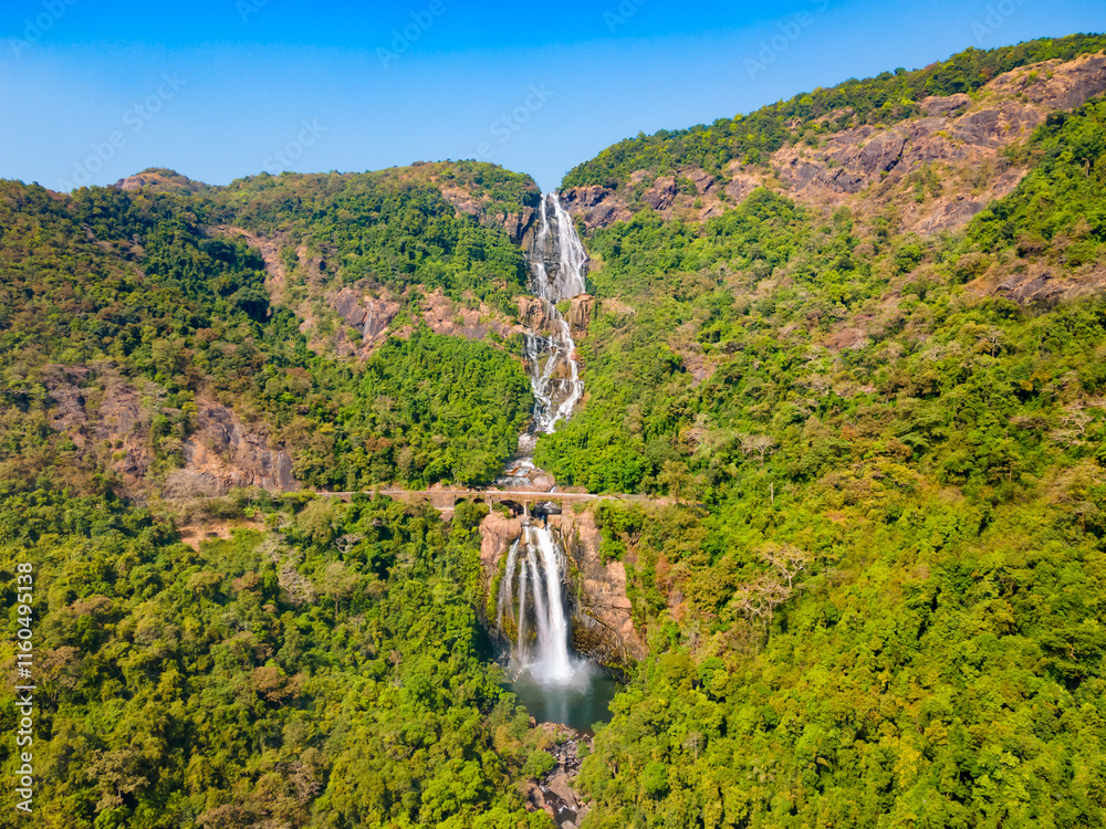 Dudhsagar Falls aerial panoramic view in Goa, India