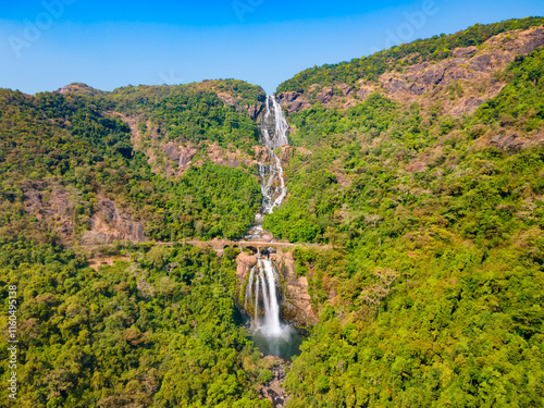 Obraz na płótnie Dudhsagar Falls aerial panoramic view in Goa, India w salonie