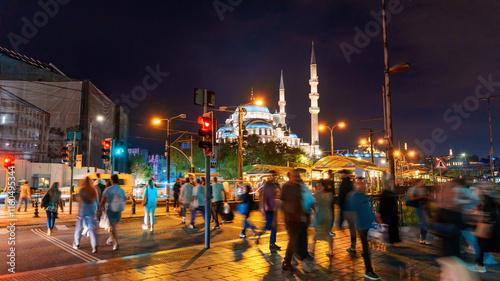 Photography traffic on Istanbul city road at night, cityscape, Turkey, cars and people on ur