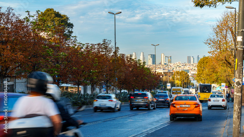 city road and busy traffic along Ataturk Boulevard in Istanbul, Turkey photo