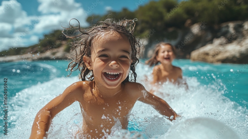 Smiling girl enjoying a summer day at the beach with friends while splashing in the water Smiling girl enjoying a summer day at the beach with friends while splashing in the water