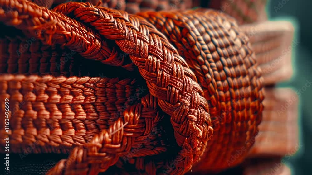 Red rope with a knot in it. The rope is knotted and twisted