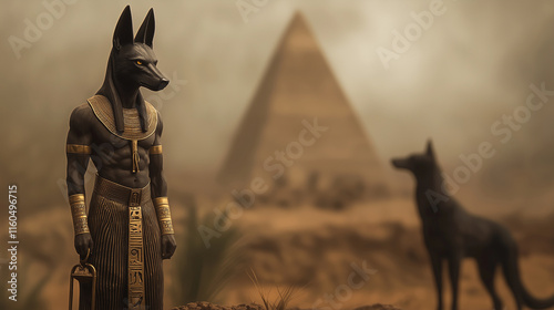 An incredibly realistic rendering of Anubis, the jackal-headed god, his black and gold robes flowing as he stands in a misty, blurred Egyptian landscape. His eyes glisten with the
