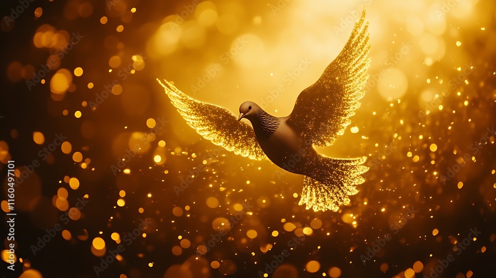 Fototapeta premium A pristine dove symbol flying over a radiant golden light, symbolizing peace and spirituality.