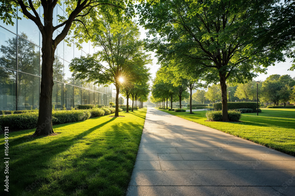 Green Urban Path with Glass Building and Trees Illuminated by Morning Sunlight Green Urban Path with Glass Building and Trees Illuminated by Morning Sunlight
