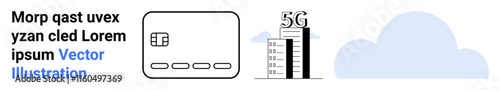 Credit card icon next to a 5G network tower and cloud shape, representing financial technology, telecommunications, and cloud computing. Ideal for fintech services, network speed, cloud solutions