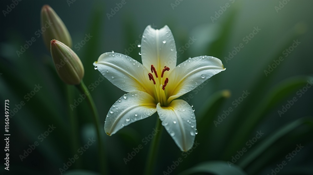 Fototapeta premium White Lily Flower with Dew Drops.