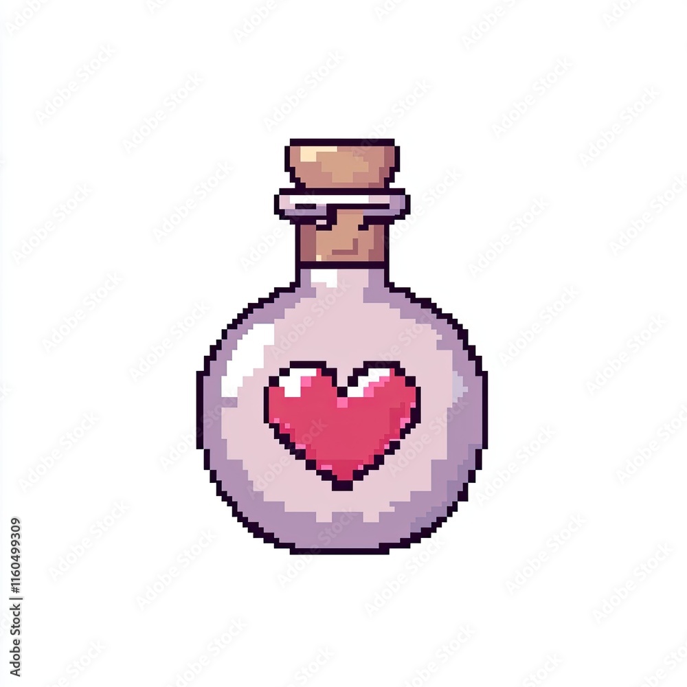 Obraz premium Pixel Art Love Potion Bottle Game Asset Heart Romance 8 bit Cute Graphic Design