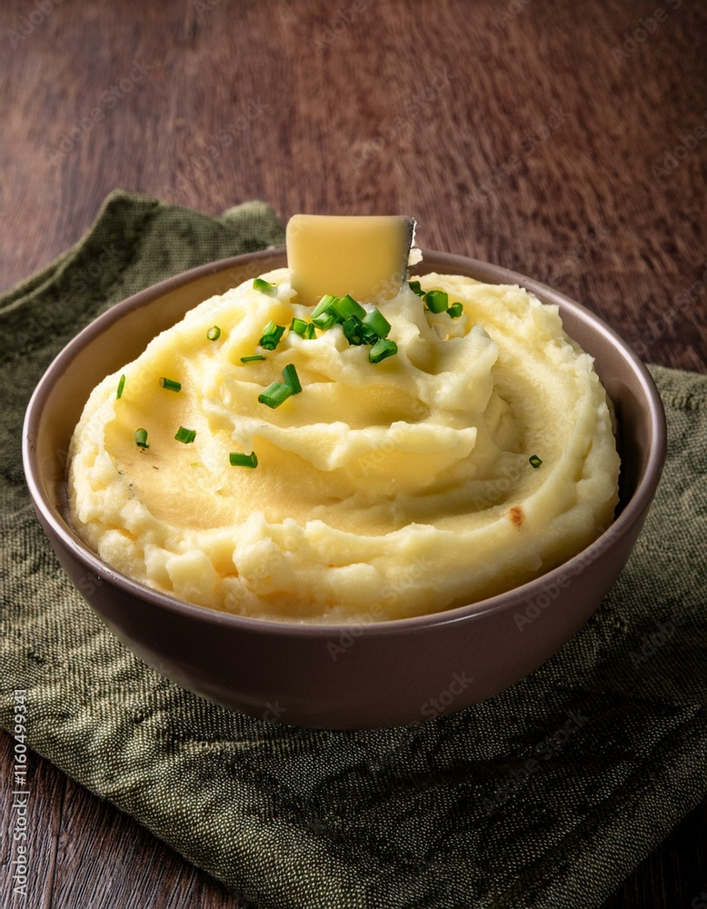 Creamy mashed potatoes, topped with a pat of butter and chives. Creamy mashed potatoes, topped with a pat of butter and chives.