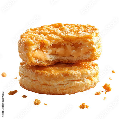 a popeyes biscuit split in half over a white background
 photo