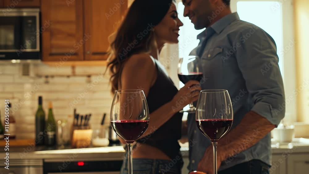 Man and woman are holding wine glasses and standing in a kitchen. The woman is wearing a black tank top and the man is wearing a blue shirt. There are two wine glasses on the table, one in each hand