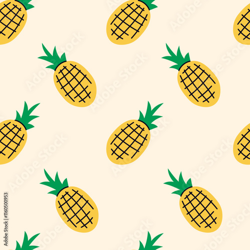 Pineapple Seamless Pattern. Hand drawn juicy background with falling tropical fruits. Repeat vector illustration