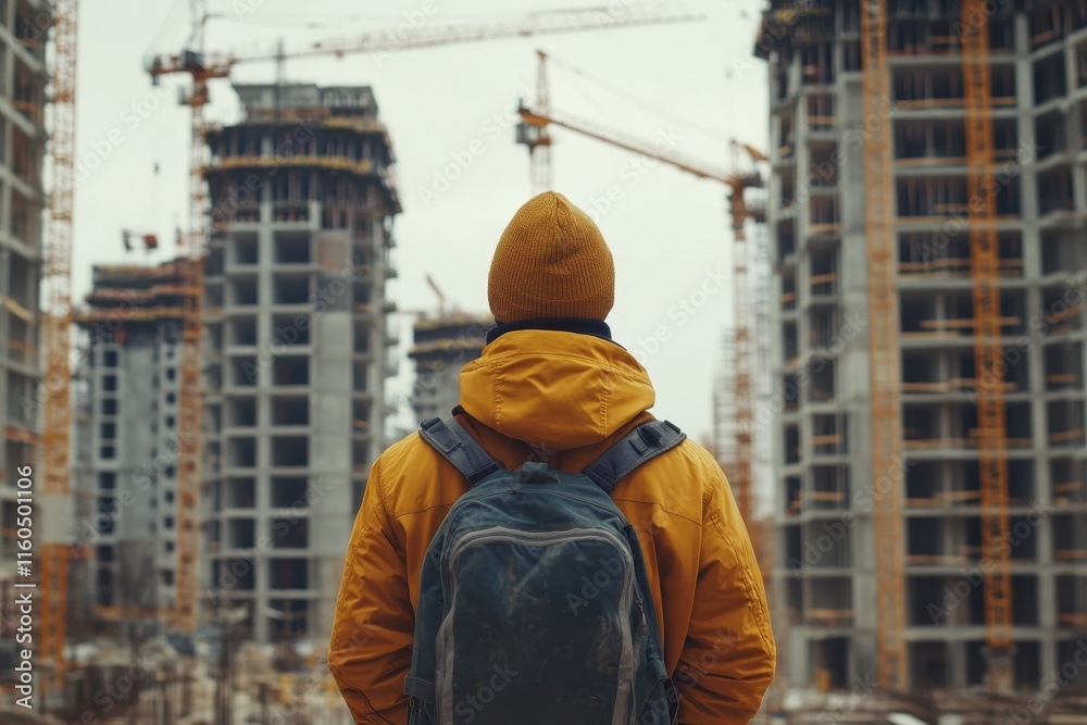 Person in yellow jacket with backpack stands before construction sites. Image depicts urban development and construction industry. Person in yellow jacket with backpack stands before construction sites. Image depicts urban development and construction industry.