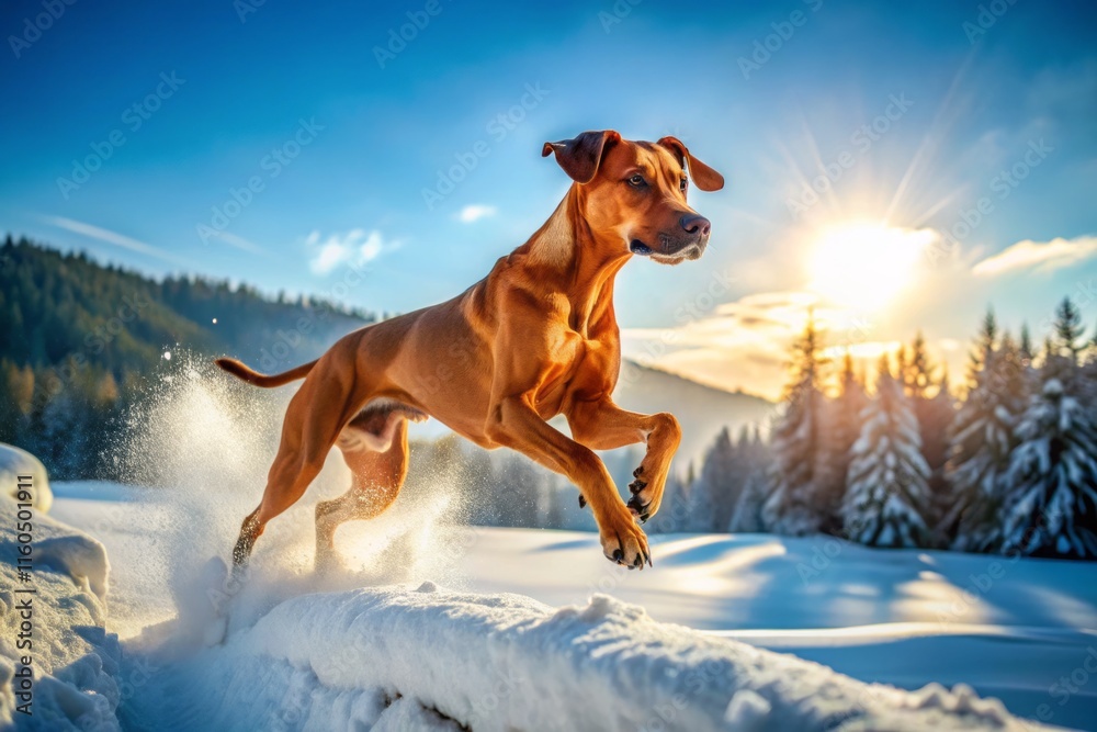 Rhodesian Ridgeback Winter Action Portrait: Majestic Dog in Snowy Landscape Rhodesian Ridgeback Winter Action Portrait: Majestic Dog in Snowy Landscape