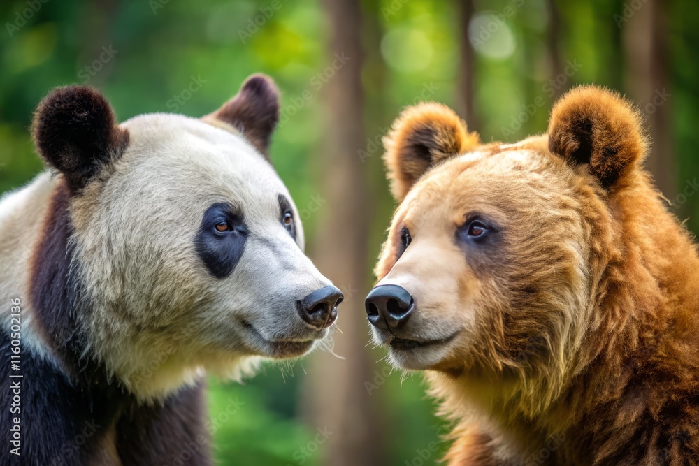 Obraz premium Russia China Alliance: Brown Bear Panda Diplomacy Summit Close-Up Image