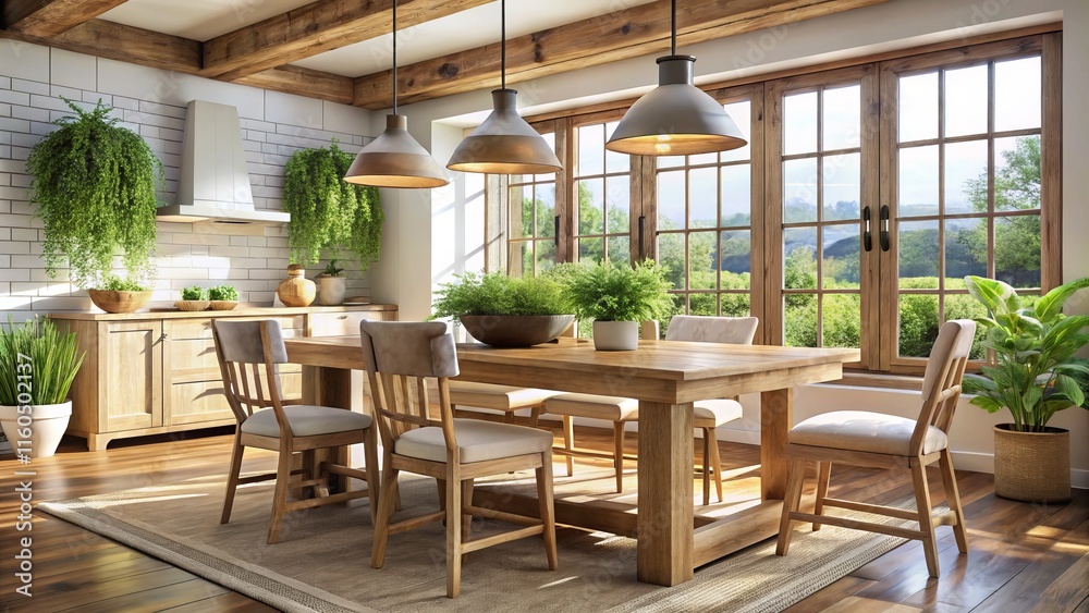 Fototapeta premium Rustic Farmhouse Kitchen: Wooden Table, White Chairs, Pendant Light - Rule of Thirds Photography