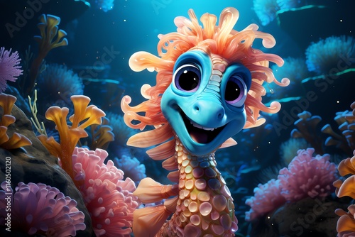 Adorable cartoon seahorse in coral reef. photo