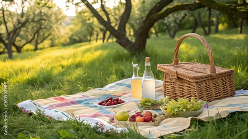 Summer picnic experience in a serene orchard relaxing holiday vibes nature tranquil setting photo