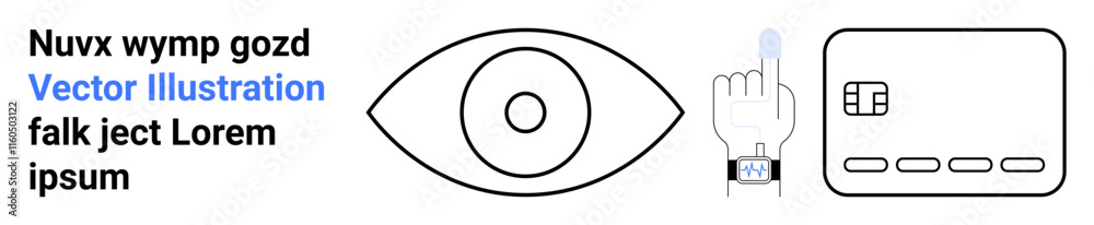 Eye icon, finger pressing button, and credit card highlighting biometric and security elements. Ideal for security, technology, finance, authentication, privacy, fintech digital identification Eye icon, finger pressing button, and credit card highlighting biometric and security elements. Ideal for security, technology, finance, authentication, privacy, fintech digital identification