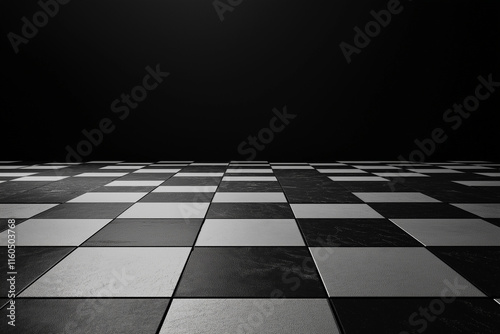  Elegant black and white chessboard background with reflective stone tiles, offering depth and sophistication. Dark empty space ideal for text, product displays, photography, or digital artwork