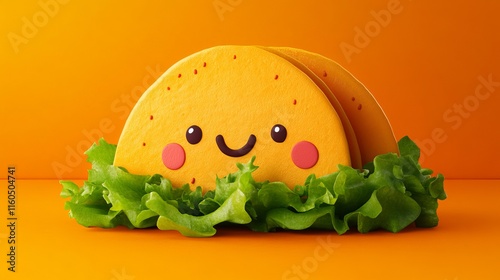 Cute Cartoon Taco with Happy Face on Orange Background photo