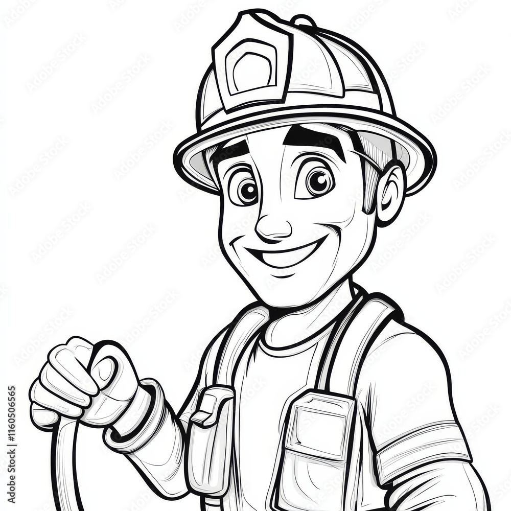 Smiling Firefighter Cartoon: A cartoon depiction of a smiling firefighter, ready for action. His helmet, hose, and confident smile highlight his bravery and commitment to saving lives. Smiling Firefighter Cartoon: A cartoon depiction of a smiling firefighter, ready for action. His helmet, hose, and confident smile highlight his bravery and commitment to saving lives.