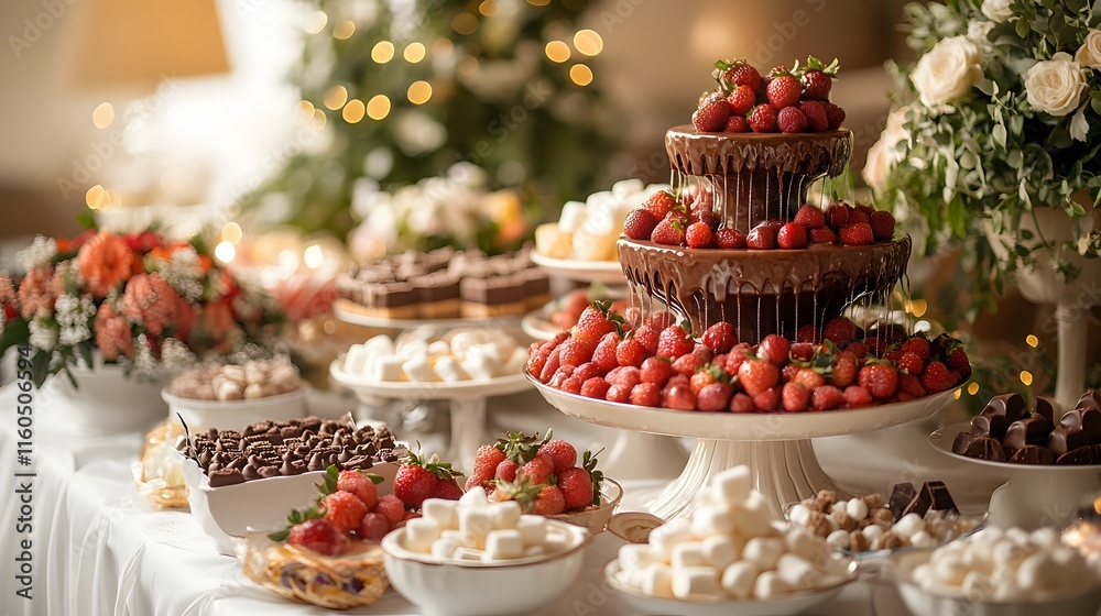 A stunning chocolate fountain centerpiece, surrounded by an array of sweet treats and fresh strawberries at a wedding reception. Delicious Chocolate Fountain with Strawberries and Marshmallows. A stunning chocolate fountain centerpiece, surrounded by an array of sweet treats and fresh strawberries at a wedding reception. Delicious Chocolate Fountain with Strawberries and Marshmallows.
