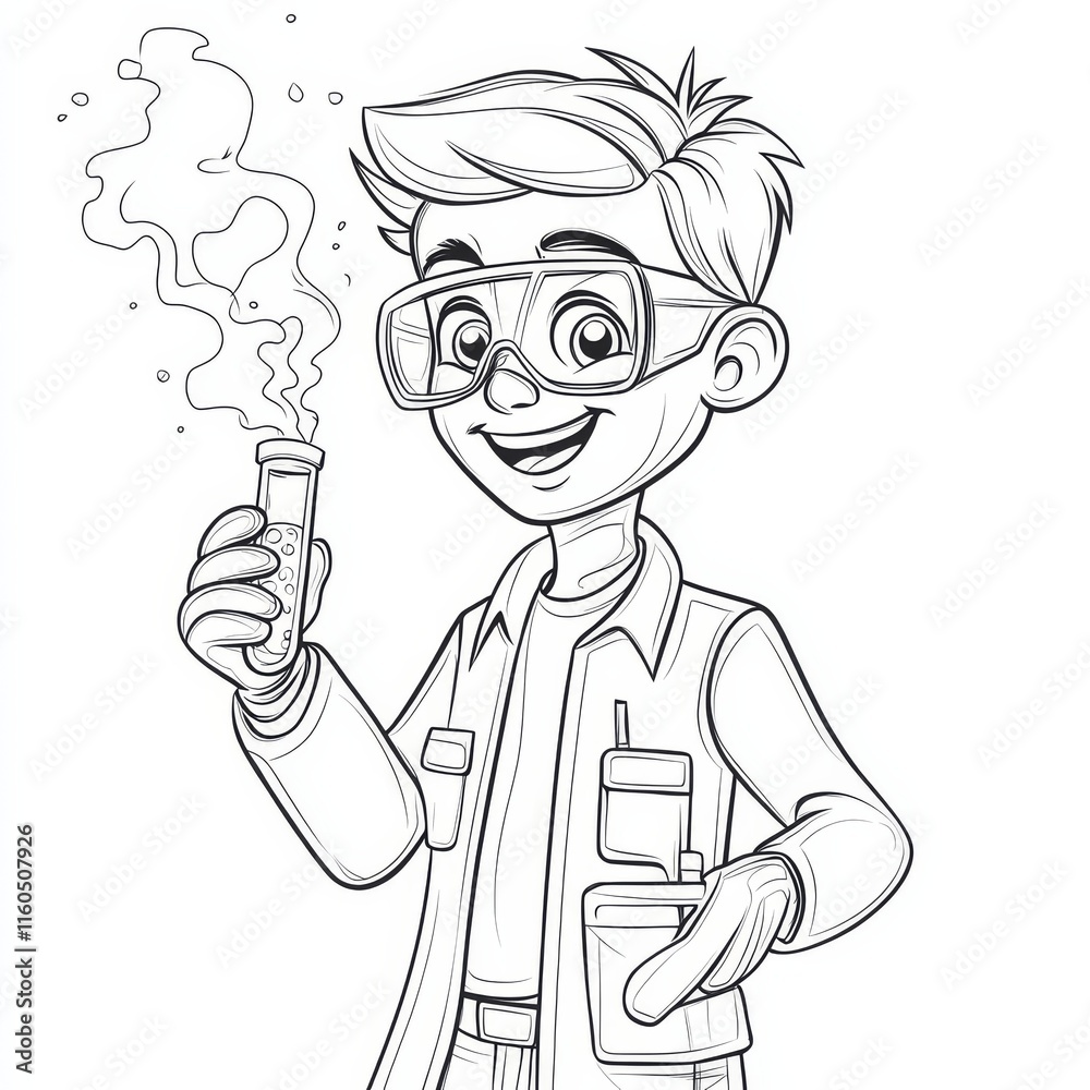 Young Scientist at Work: A cheerful cartoon illustration of a boy scientist, wearing goggles, holding a test tube with bubbling liquid, embodying curiosity and scientific exploration. Young Scientist at Work: A cheerful cartoon illustration of a boy scientist, wearing goggles, holding a test tube with bubbling liquid, embodying curiosity and scientific exploration.