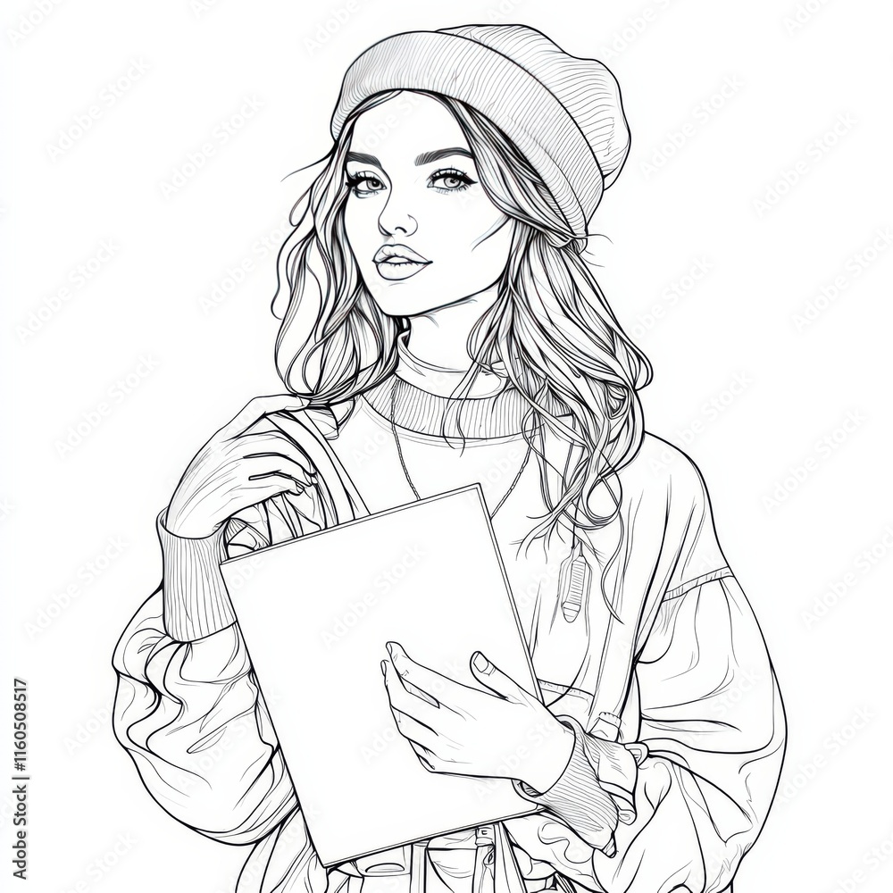 Stylish Woman with Documents: A fashionably dressed woman with long wavy hair, wearing a beanie, holds a document or sketchbook confidently.